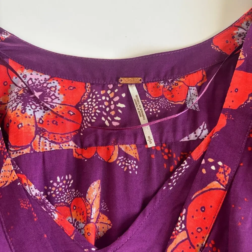Free People Tuscan Dream Long Sleeve Tunic Boho Purple Floral Print Womens Small